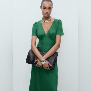Mango Green Linen Blend Midi Dress